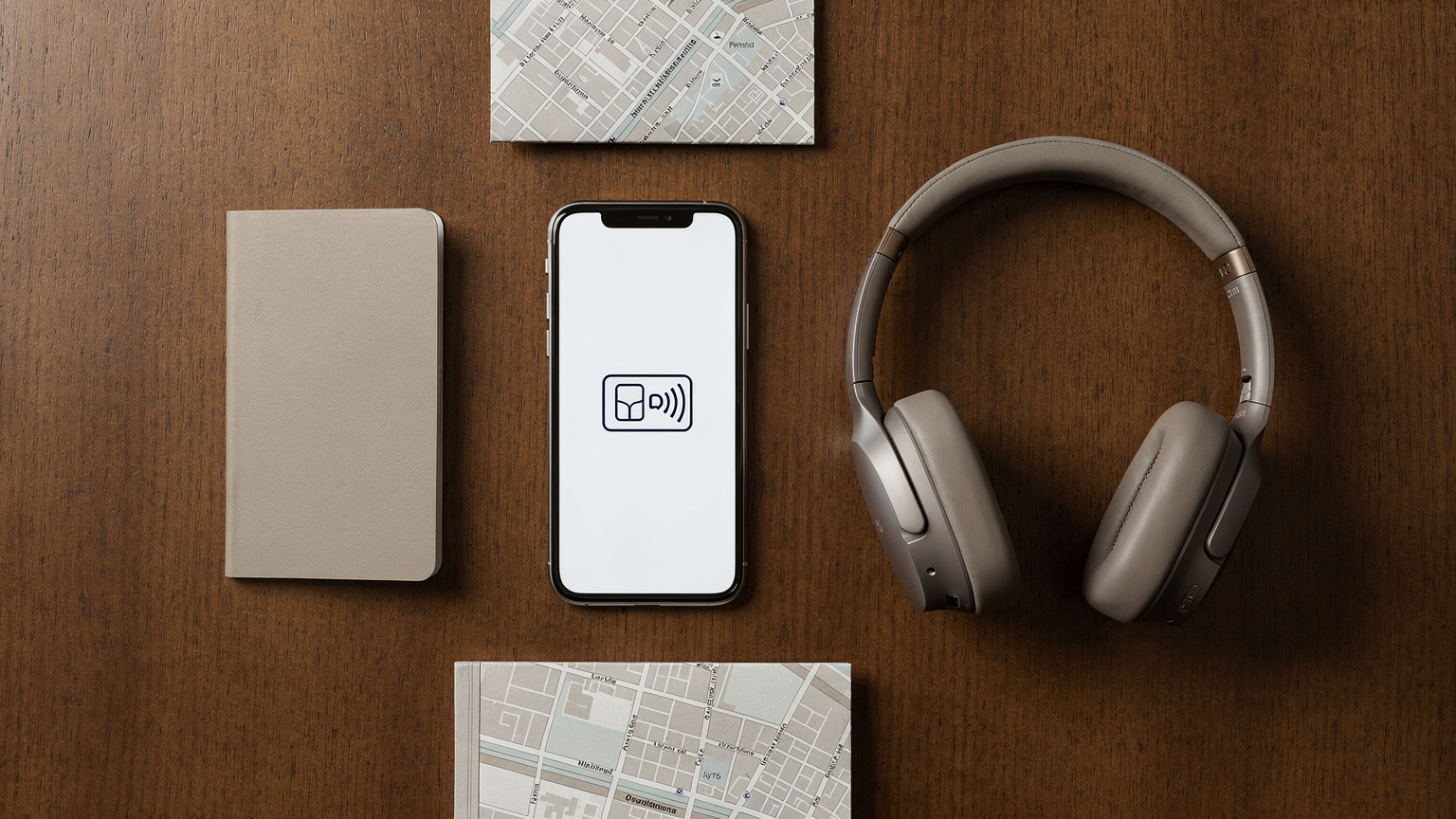 An organized overhead flat-lay of a wooden desk with a passport, a smartphone displaying an active eSIM profile icon, a pair of premium noise-canceling headphones, and a neatly folded city map, signaling meticulous preparation for international business travel.