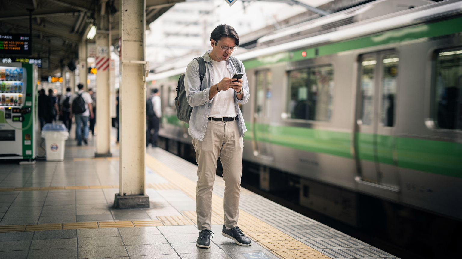 A traveler, mid-30s, standing on a crowded platform at Tokyo's Yamanote line station, looks at their smartphone with a slightly confused or concerned expression, with a vibrant green Yamanote train blurring past in the background, capturing a moment of travel uncertainty.