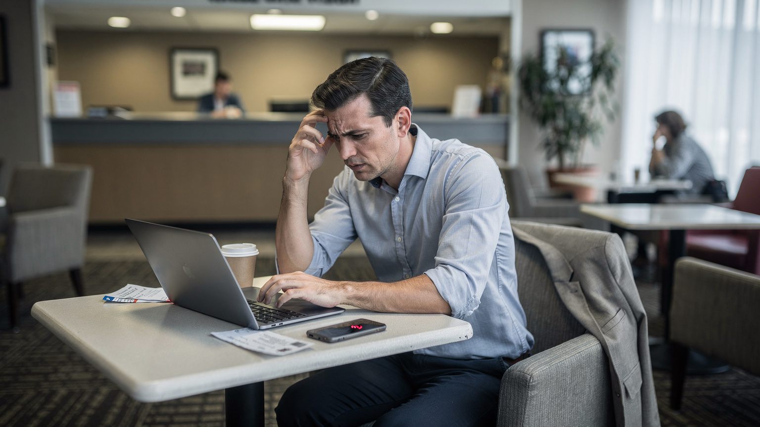 A business traveler looking frustrated at their laptop screen, which displays a 'No Wi-Fi' error, while their smartphone in the foreground shows a 'No Service' icon, set in a generic hotel lobby with sparse public Wi-Fi, emphasizing common connectivity challenges.