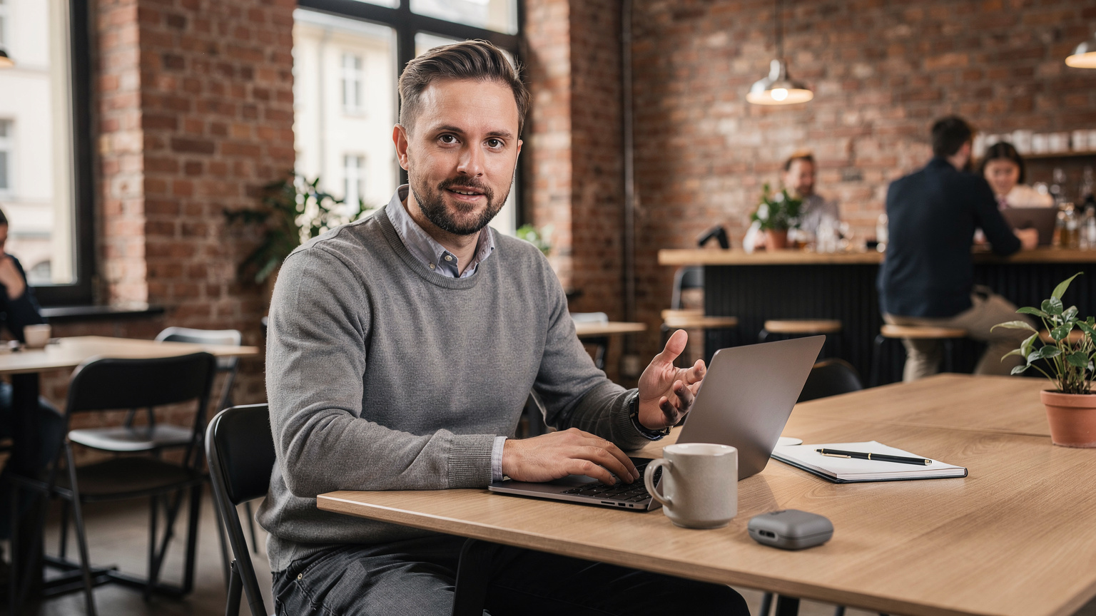 A digital nomad in their late 20s, with a laptop open and a coffee mug, sits comfortably inside a contemporary co-working space in Berlin's Mitte district, bathed in soft, natural light, reflecting a productive and connected work environment.