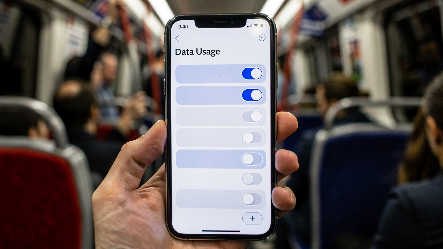 Smartphone che mostra le impostazioni di 'Uso dati' su uno sfondo sfocato di un treno della metropolitana di Londra affollato.
