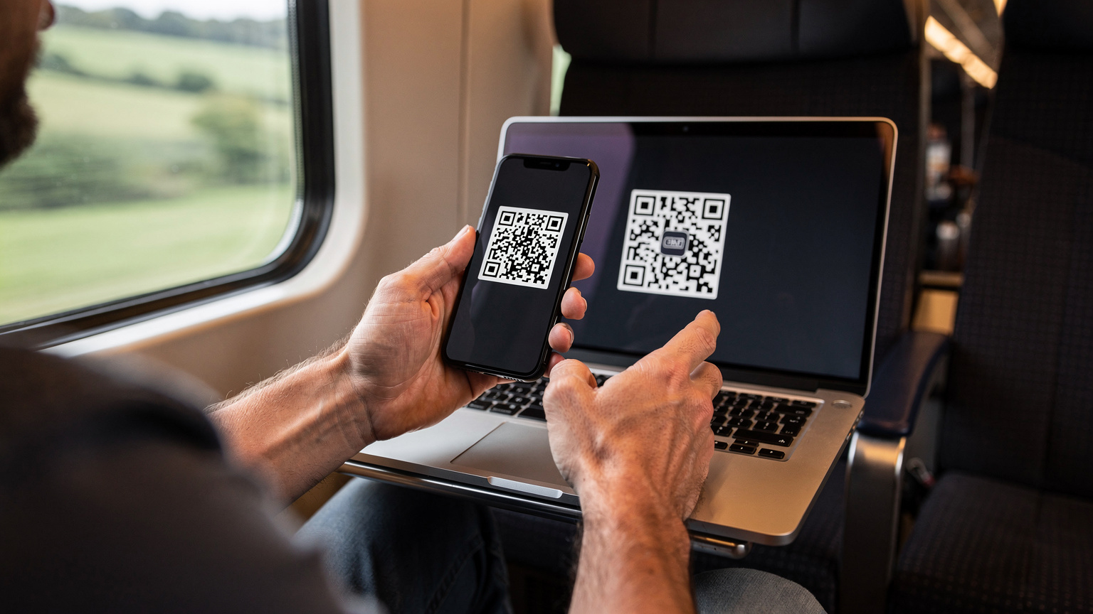 Mani di un viaggiatore che scannerizzano un QR code per attivare un'eSIM da un laptop, seduto su un treno ad alta velocità diretto a Londra.
