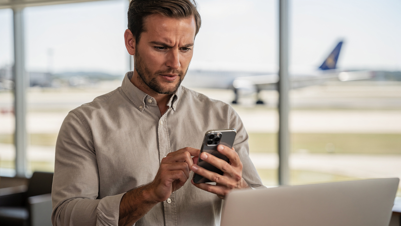 Un hombre de negocios, concentrado, escaneando un código QR para activar su eSIM en su teléfono inteligente, con una vista borrosa de una pista de aeropuerto al fondo, sugiriendo conectividad antes del despegue.