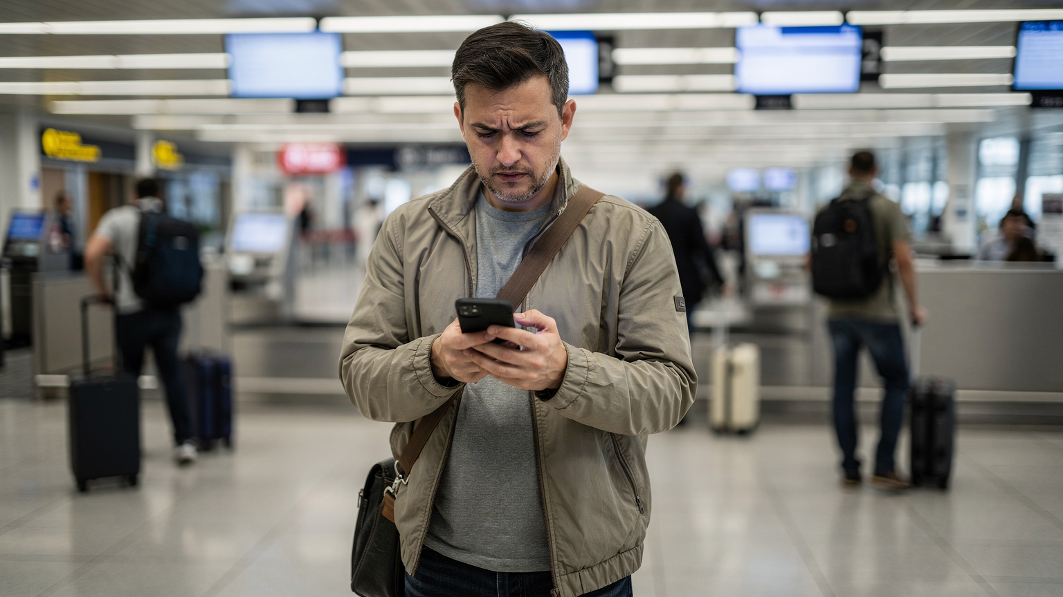 Una persona frustrada en el mostrador de un aeropuerto, mirando su teléfono con una expresión de preocupación, mientras otros viajeros pasan ocupados a su alrededor. Ilustra un "momento problemático" de conectividad.