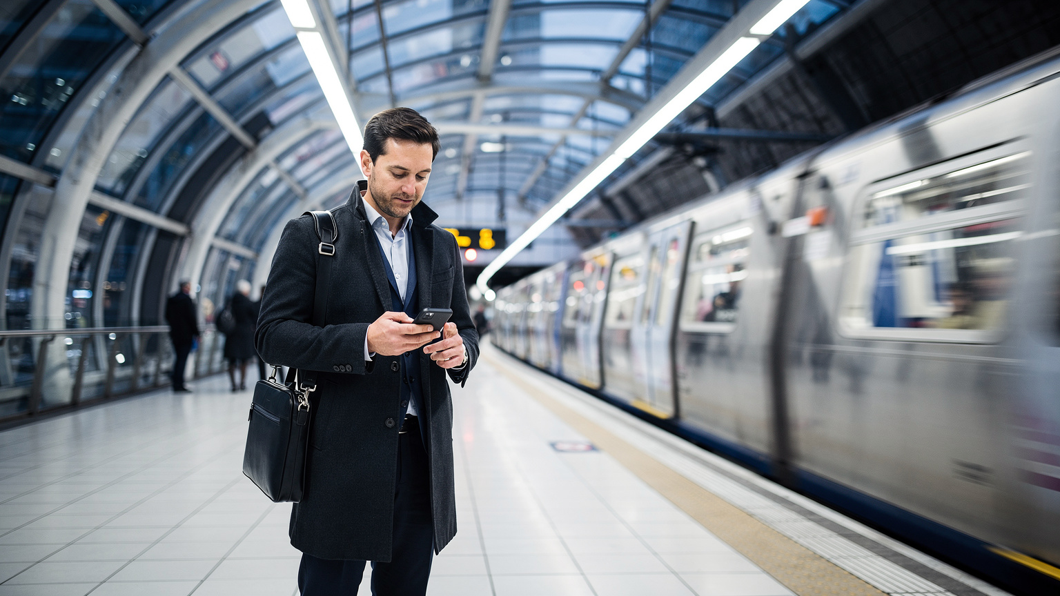 Un viajero de negocios en la estación de metro de Canary Wharf en Londres, consultando su teléfono para la ruta, con el icónico diseño de la estación moderna y un tren borroso al fondo.