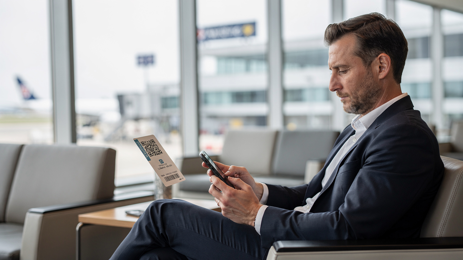 Un viajero de negocios activa su eSIM en un smartphone en la sala de espera de un aeropuerto moderno, mostrando la facilidad del proceso antes de un vuelo internacional.