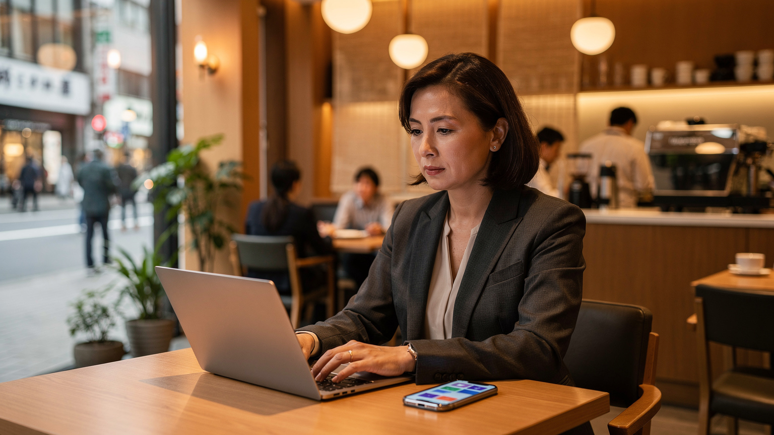Un ejecutivo realiza una videollamada de negocios en un café vibrante en el barrio de Ginza, Tokio, con su laptop y smartphone, destacando la conectividad sin interrupciones.