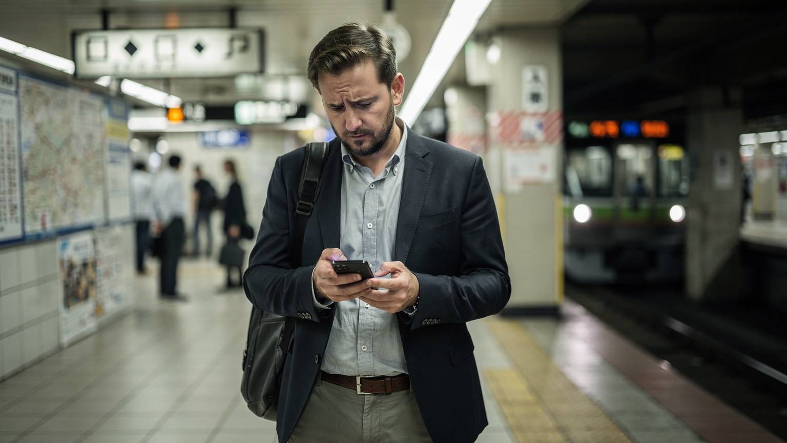 Un viajero de negocios frustrado mira su smartphone con poca señal en una zona menos concurrida de una estación de metro en Tokio, simbolizando los desafíos de conectividad no gestionados.