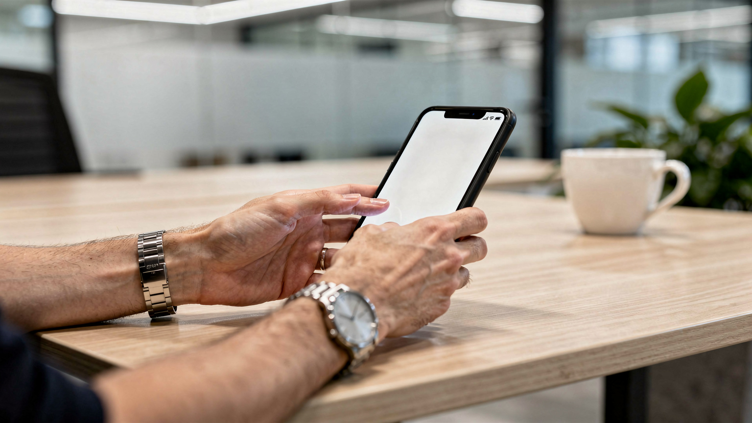 Un primer plano de manos de un viajero de negocios interactuando con la pantalla de su smartphone para revisar gráficos de datos, con una taza de café a un lado en un ambiente de coworking en Singapur.