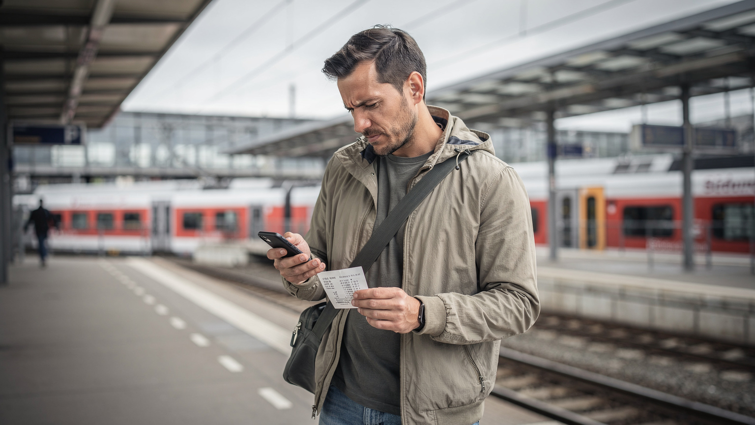 Ein Reisender am Bahnhof Berlin Südkreuz versucht, eine Verbindung auf seinem Smartphone herzustellen, während er auf seinen Zug wartet, um eine schnelle eSIM-Aktivierung zu erreichen.
