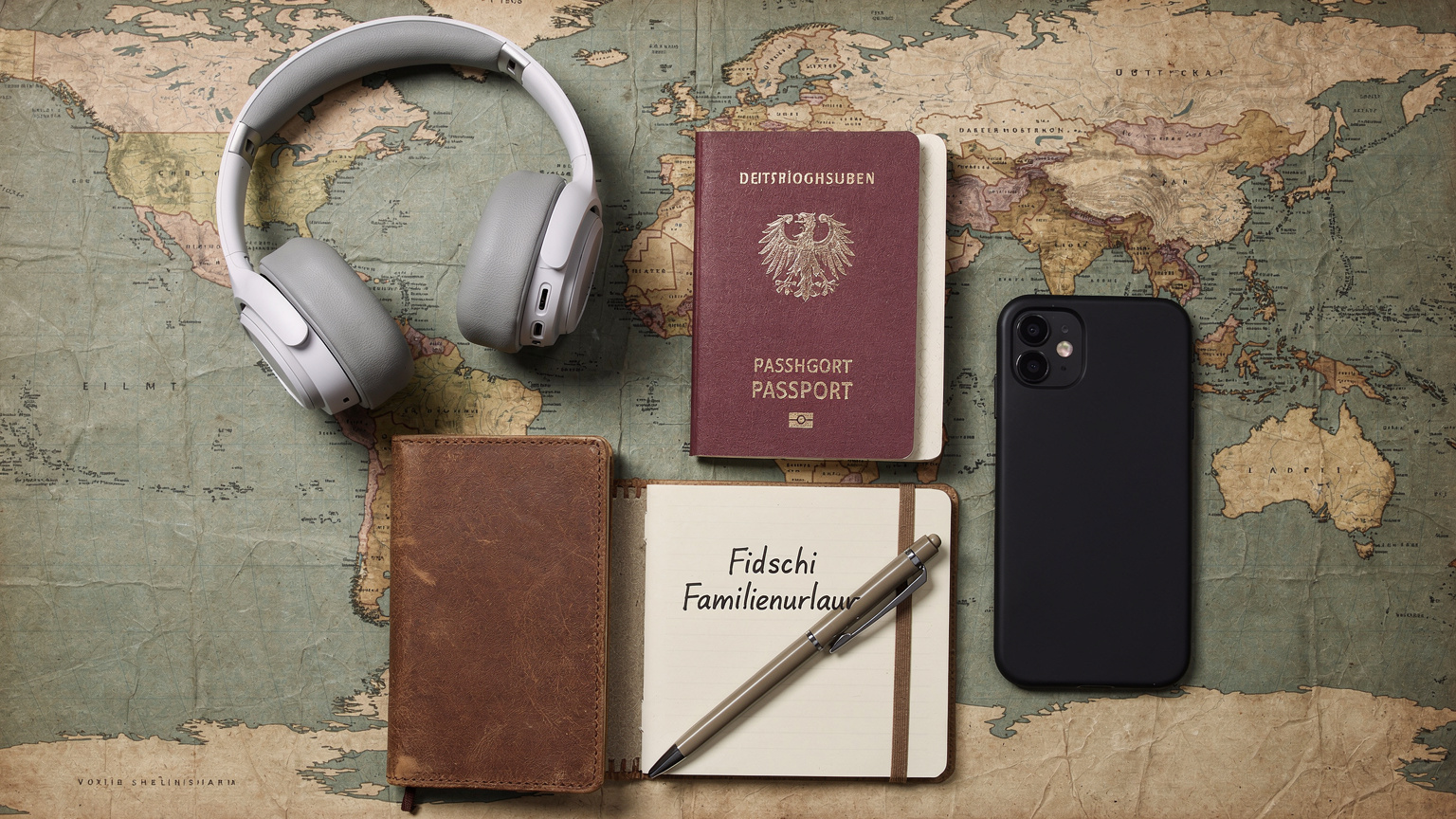 Ein Overhead-Flat-Lay zeigt einen aufgeschlagenen Reisepass, ein Smartphone mit aktivierter eSIM, Kopfhörer und einen kleinen Notizblock mit handschriftlichen Notizen zu Reisezielen wie Fidschi, alles auf einer Weltkarte platziert.