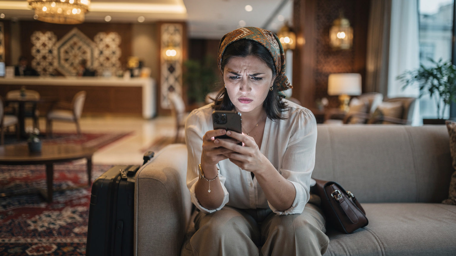 Ein verärgerter Reisender sitzt in der Lobby eines Hotels in Istanbul und hält sein Smartphone mit einer Fehlermeldung hoch, da seine eSIM-Verbindung nicht funktioniert, während er versucht, Informationen zur Handy-Sperre in der Türkei zu finden.