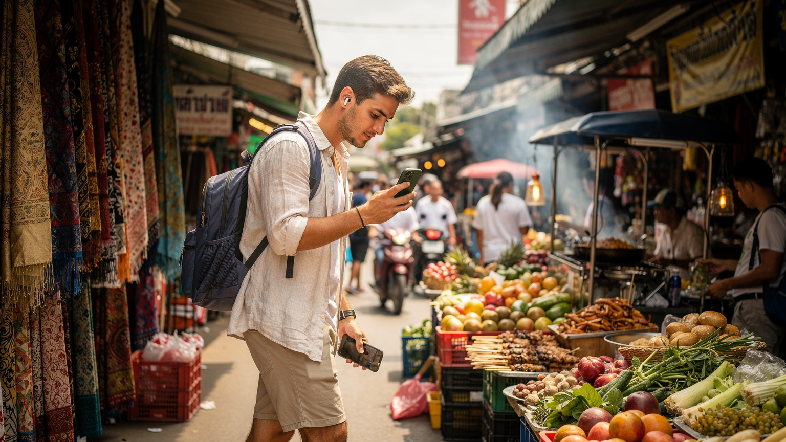 Un creator digitale italiano filma con il suo smartphone un vivace mercato di Chiang Mai, con bancarelle colorate e street food in primo piano e persone che passeggiano in sottofondo.