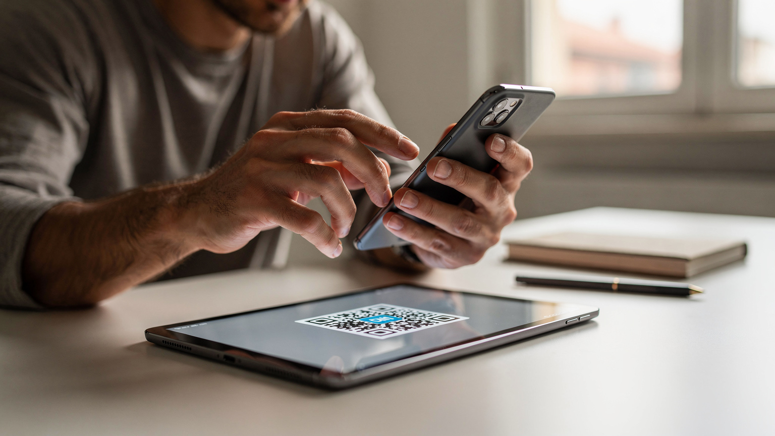 Primo piano delle mani di un uomo che tiene uno smartphone e inquadra un QR code di attivazione eSIM visualizzato su un tablet, in un ambiente domestico ben illuminato.